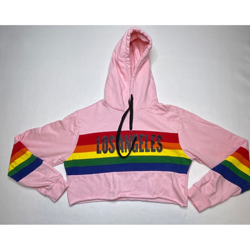 PopSurf Women Hoodie Los Angeles Rainbow Striped Crop Top M Pink